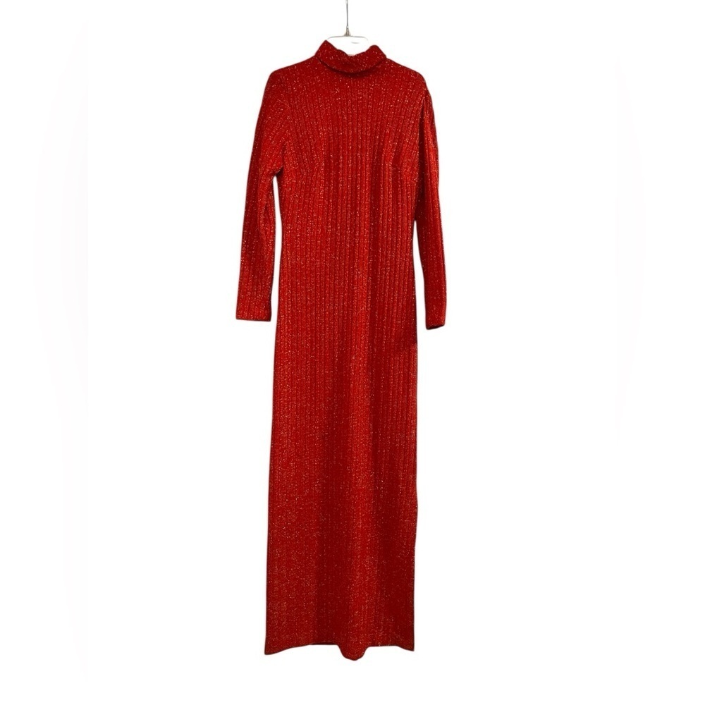 Vintage 70s Retro Red Knit Maxi Hostess Dress Long Mod Stretch Lurex Mod Holiday